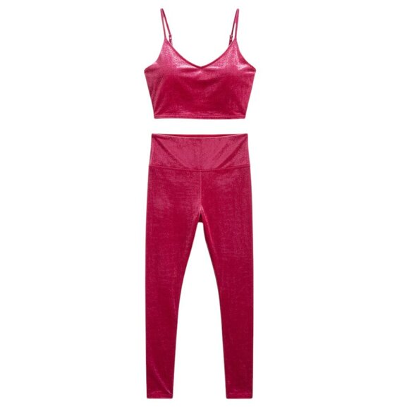 Athleta Elation Velvet Set Berry Fuchsia Crop Top High Rise Leggings Outfit S - Picture 2 of 9